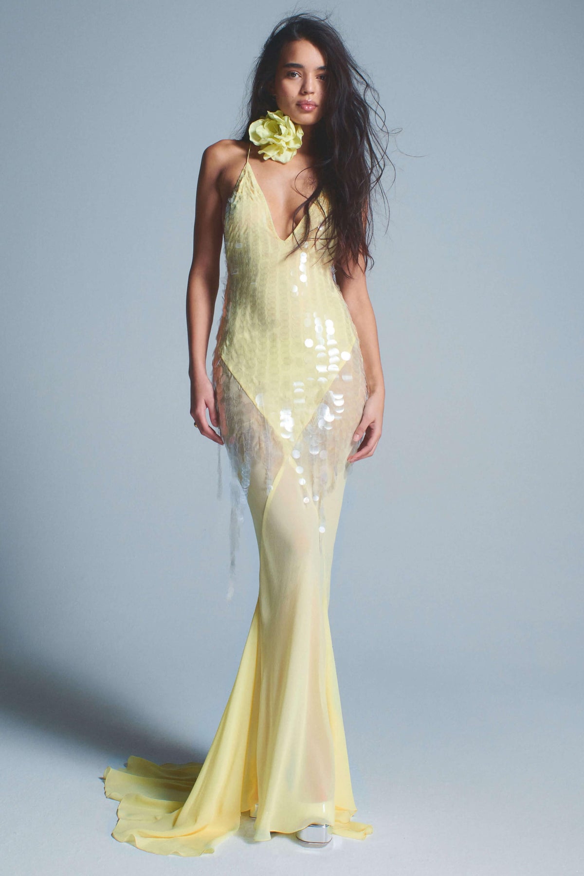 Light Yellow High-Stretch Mesh Gown