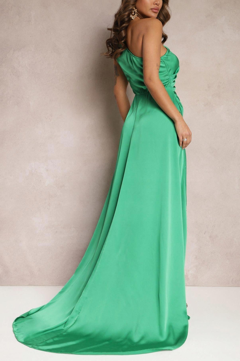 Green One-Shoulder Satin Dress