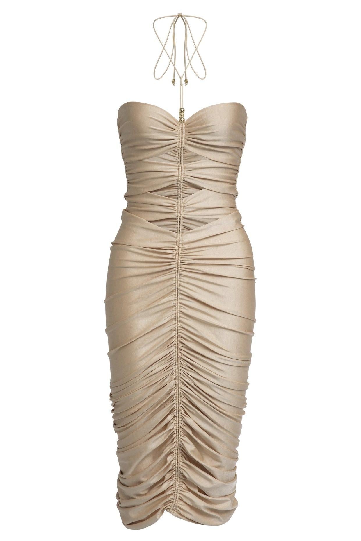 Champagne Halter Ruched Midi
