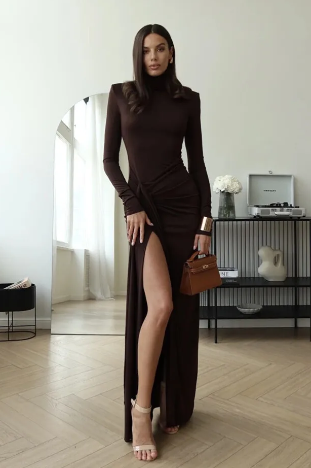 Black High Neck Long Sleeve Maxi Dress