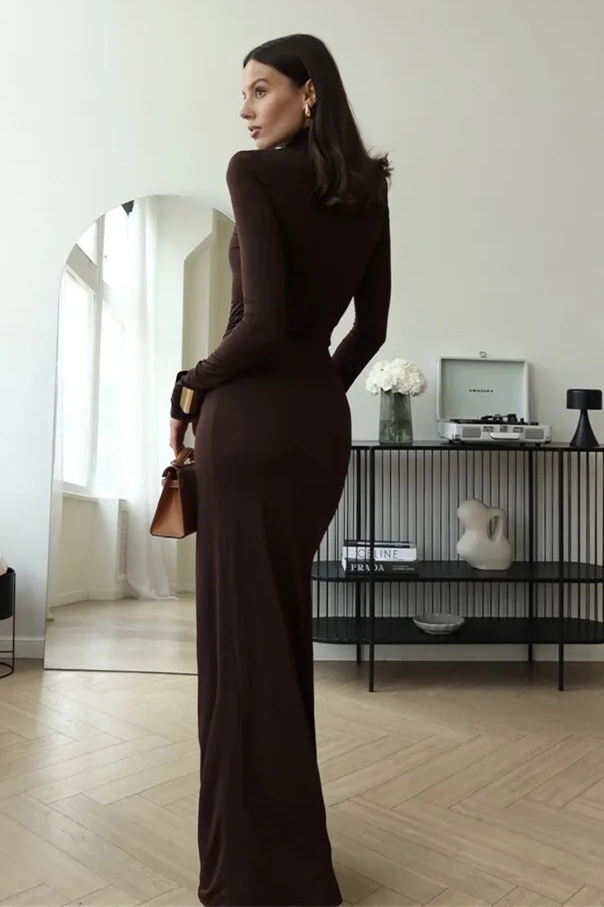 Black High Neck Long Sleeve Maxi Dress