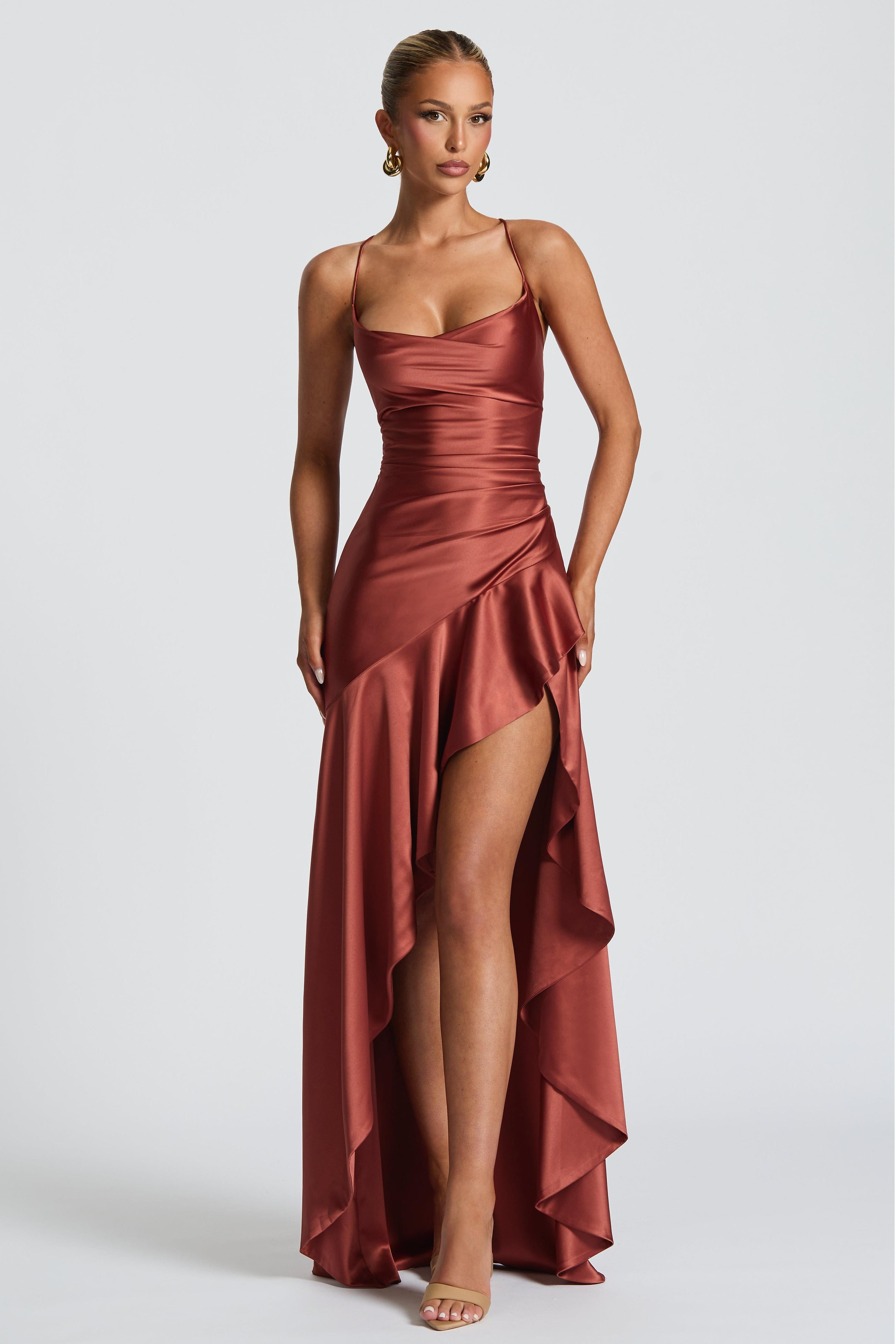 Black Satin Ruffle Maxi Dress