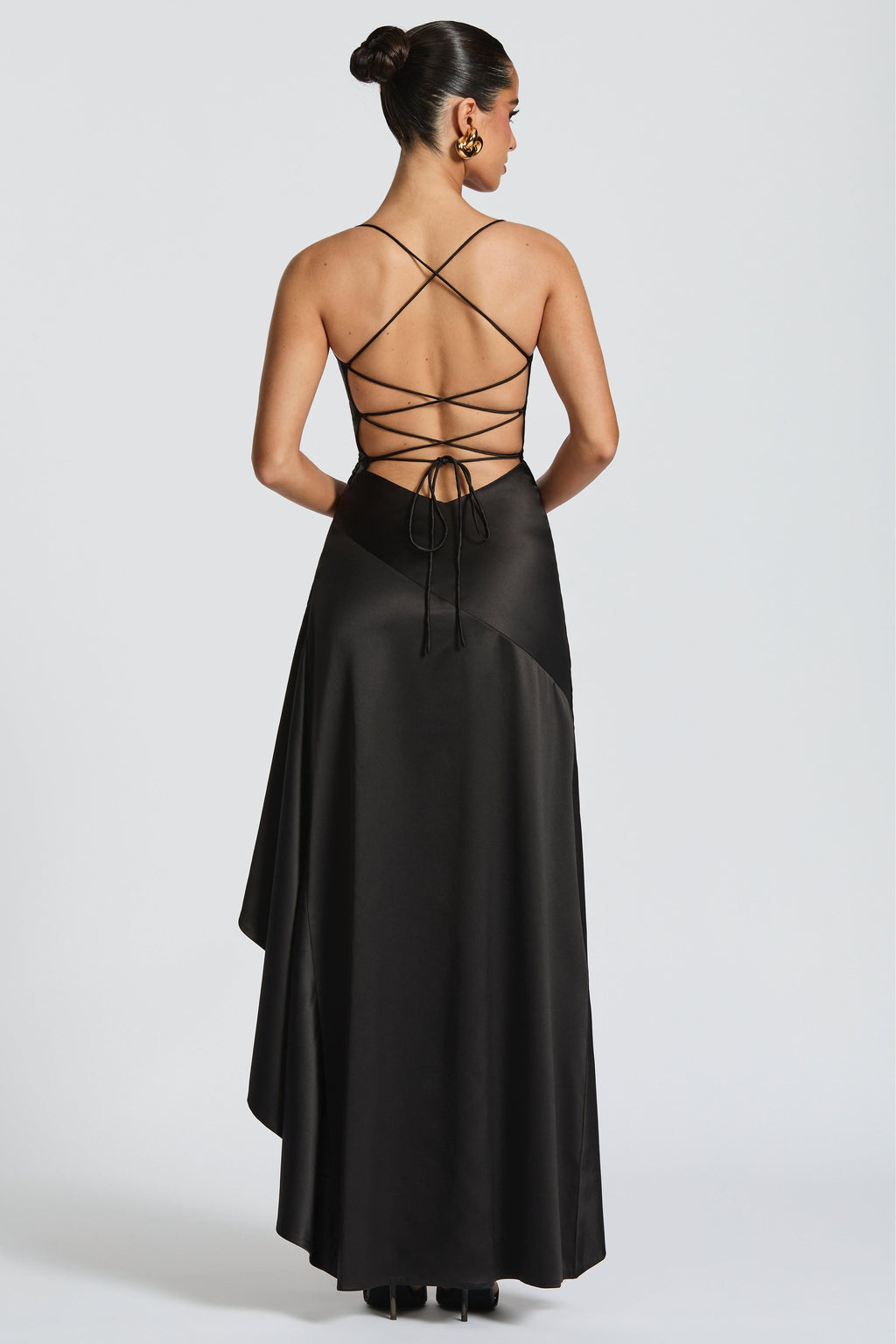 Black Satin Ruffle Maxi Dress