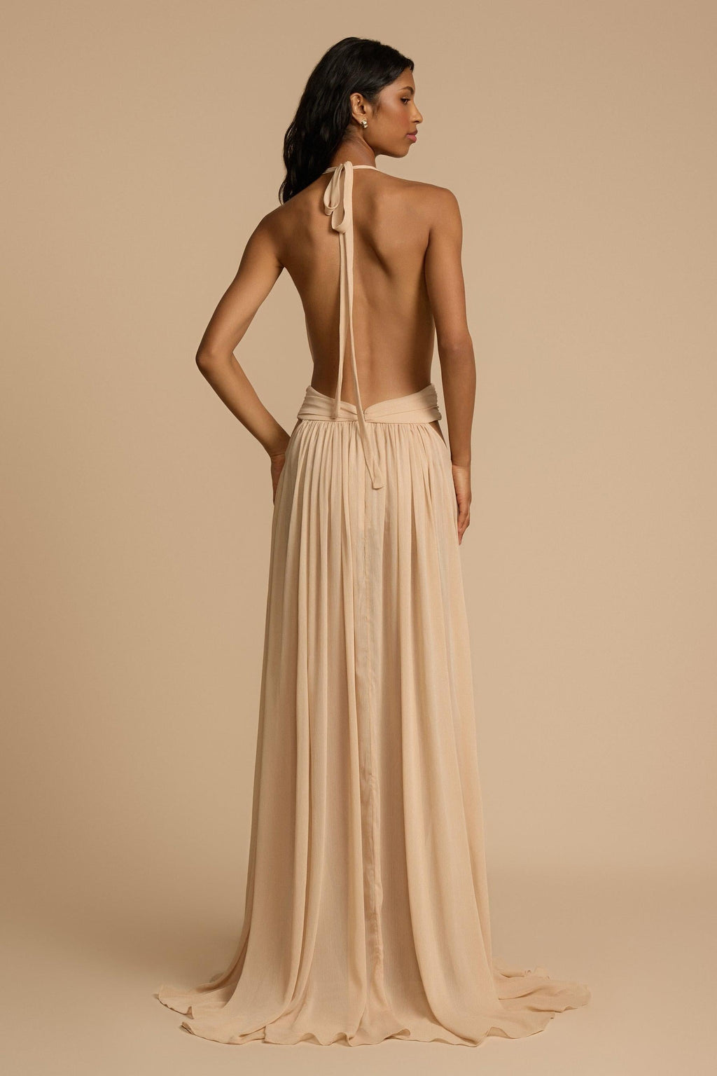 Halter V-Neck Beige Maxi Dress