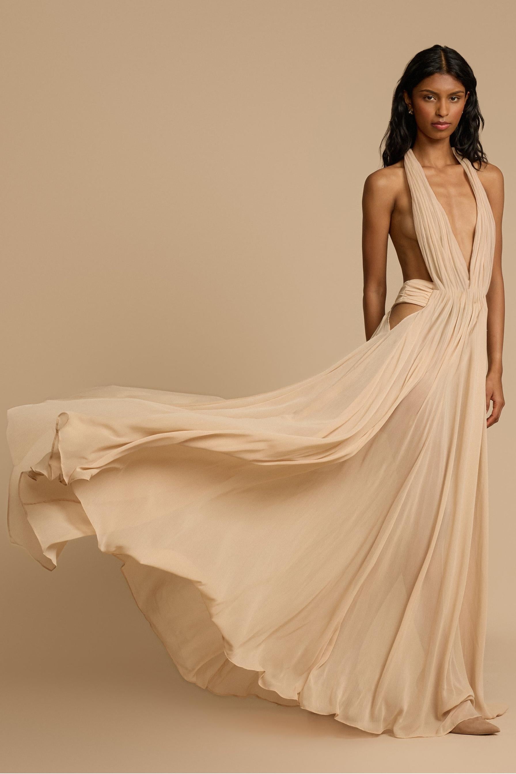 Halter V-Neck Beige Maxi Dress