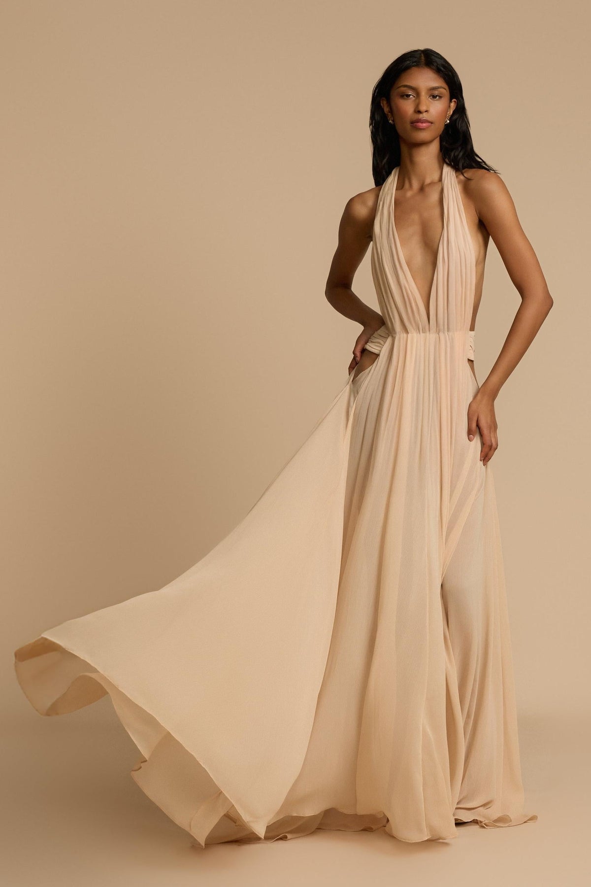 Halter V-Neck Beige Maxi Dress