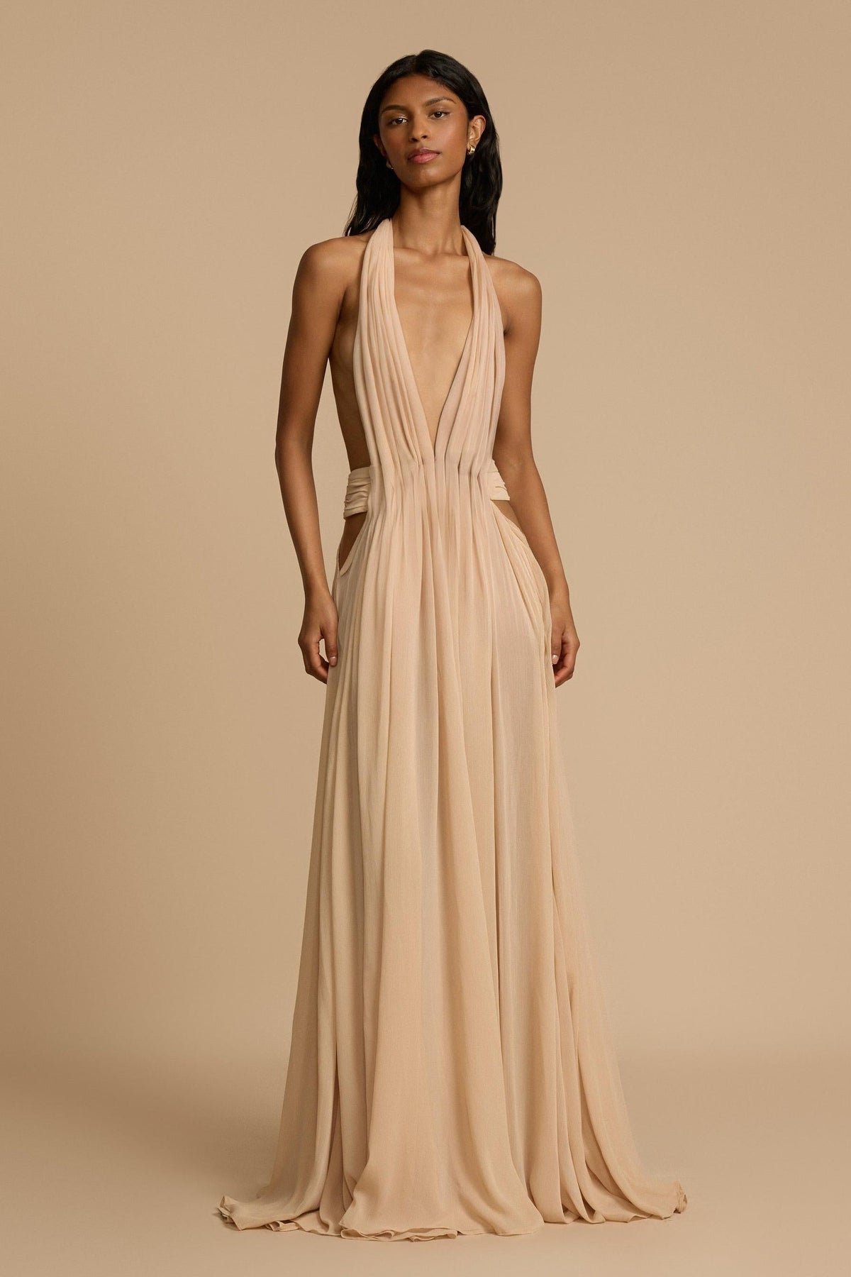 Halter V-Neck Beige Maxi Dress