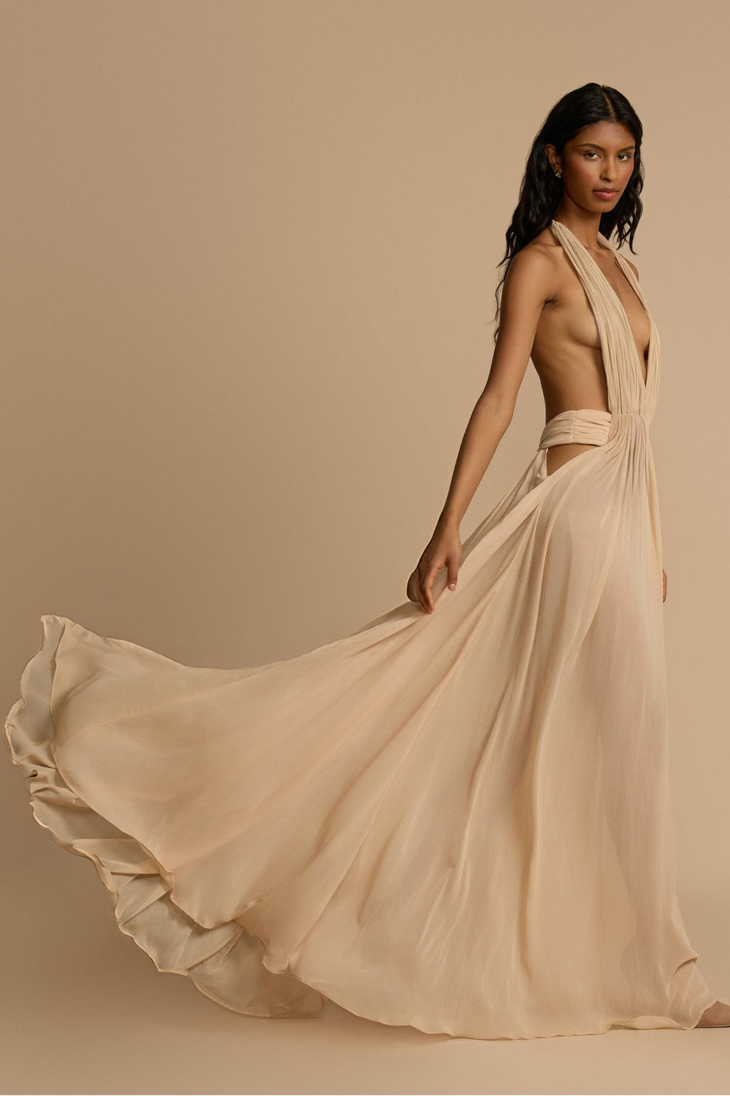 Halter V-Neck Beige Maxi Dress