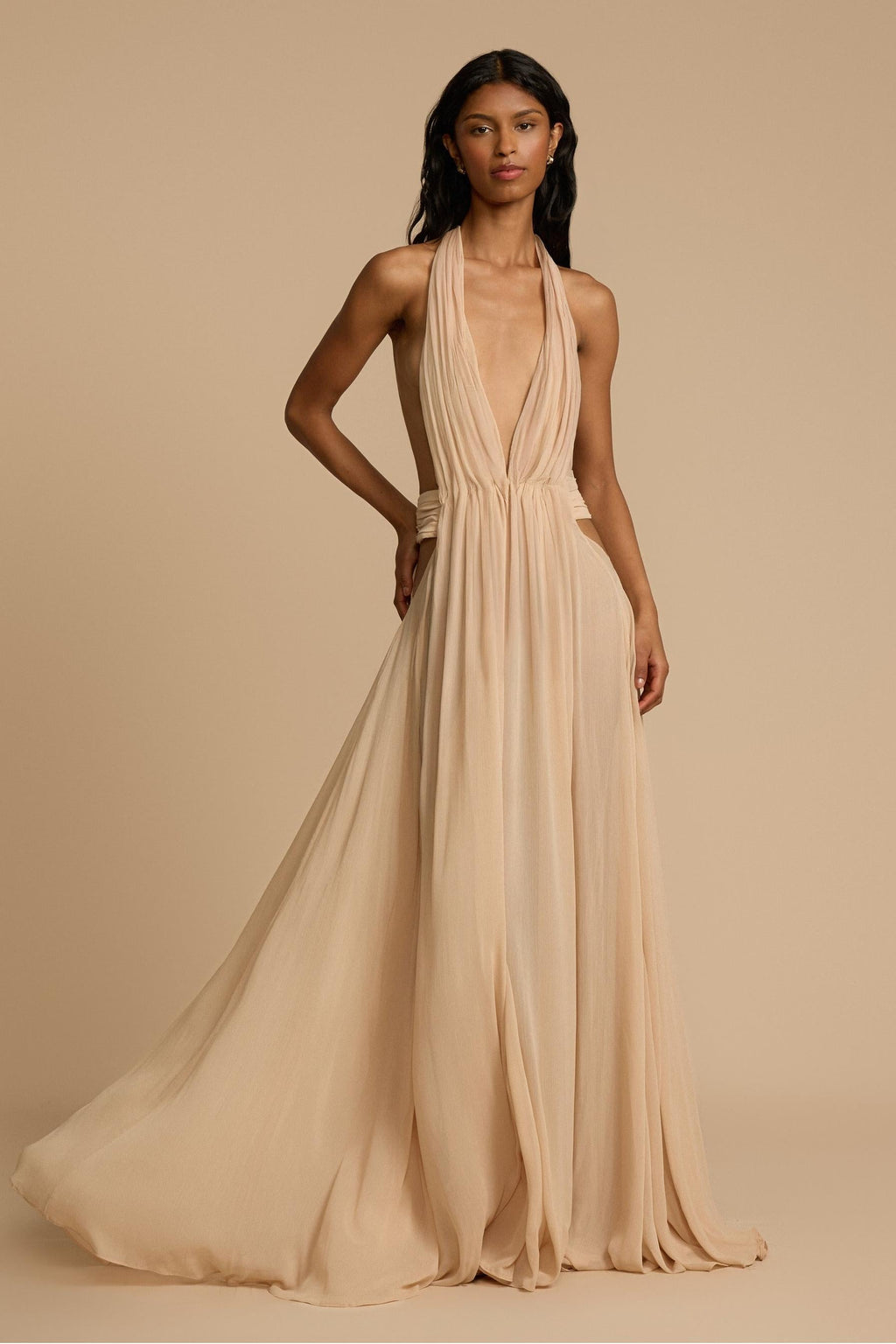 Halter V-Neck Beige Maxi Dress