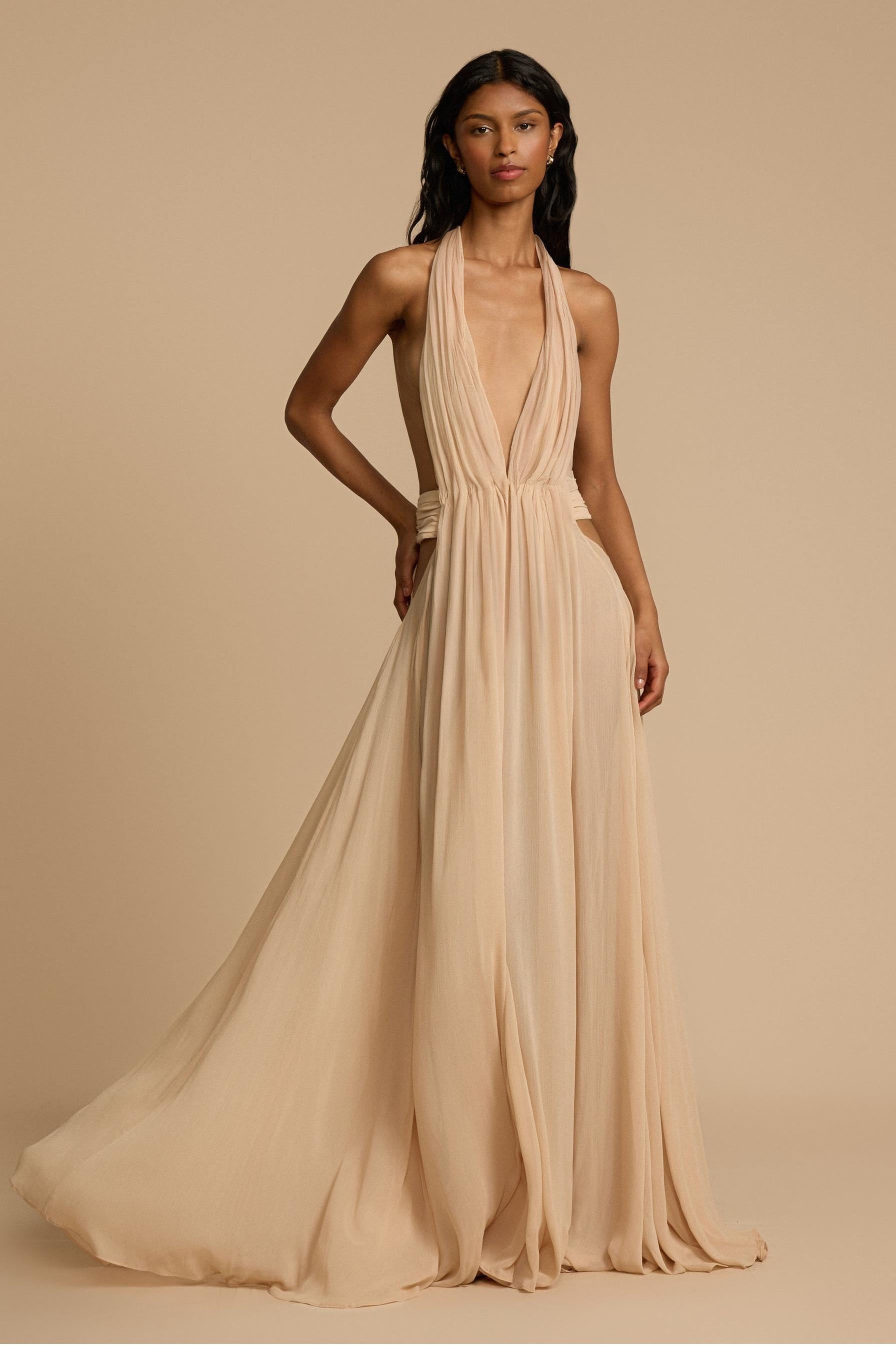 Halter V-Neck Beige Maxi Dress