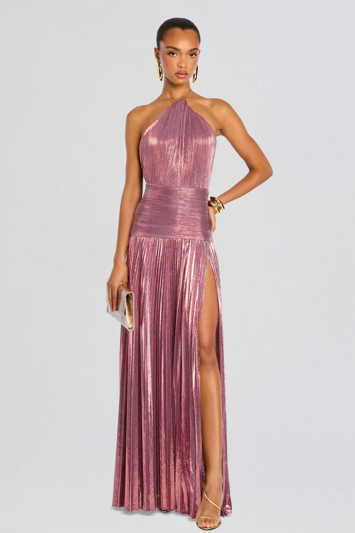 Green Polyester Halter Party Maxi
