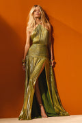 Green Polyester Halter Party Maxi