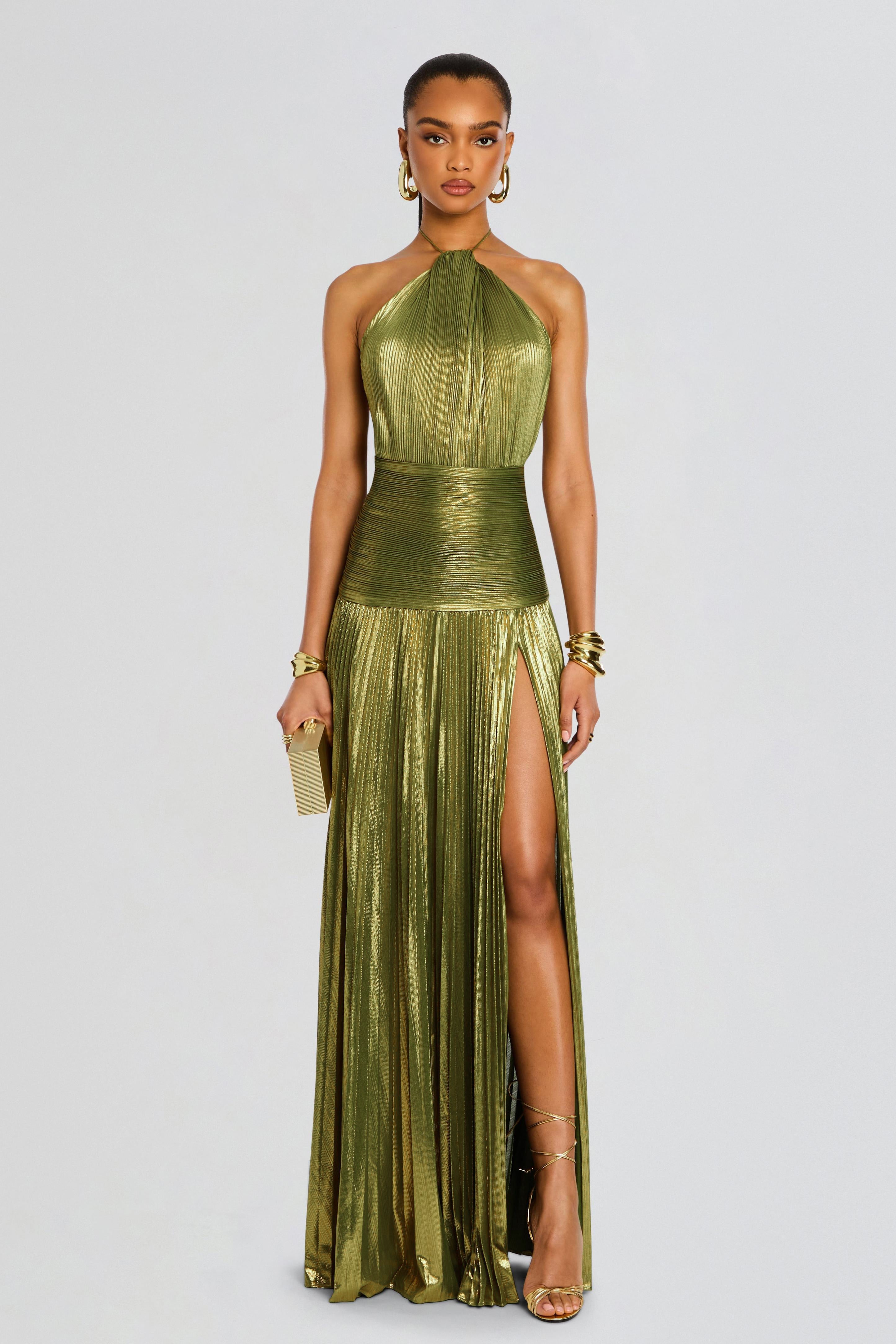 Green Polyester Halter Party Maxi