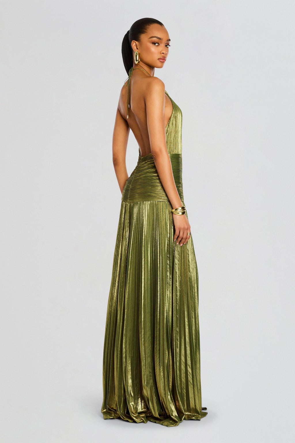 Green Polyester Halter Party Maxi