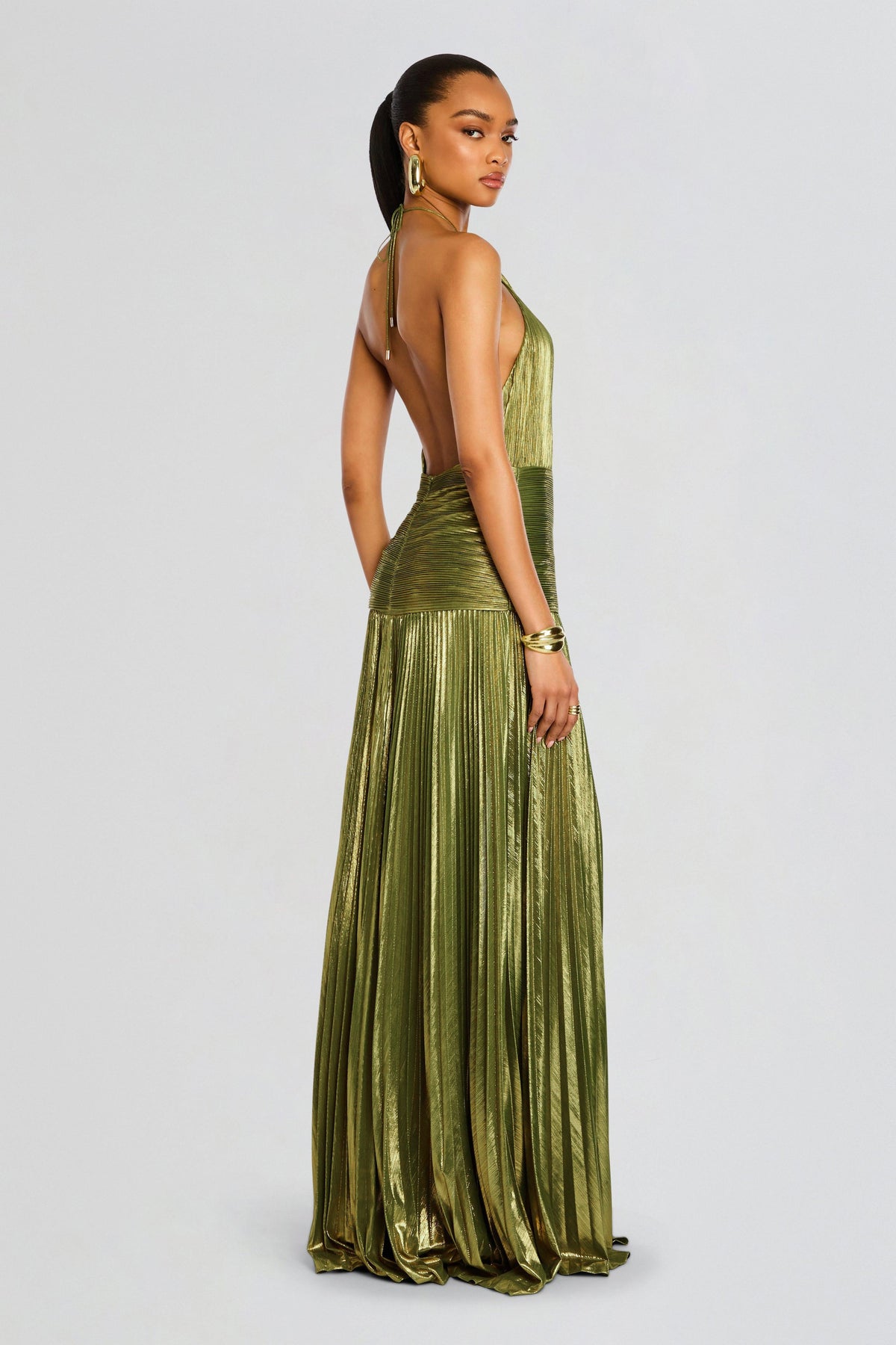 Green Polyester Halter Party Maxi
