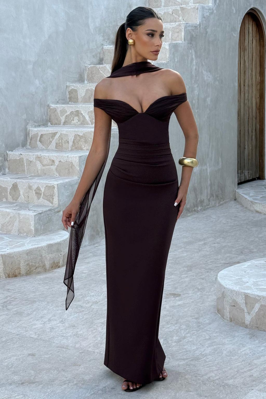 Brown Off-Shoulder Maxi Dress