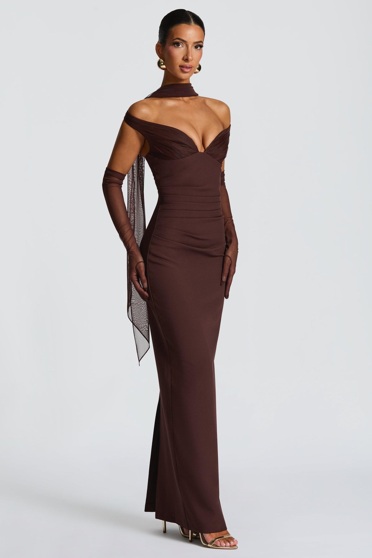 Brown Off-Shoulder Maxi Dress