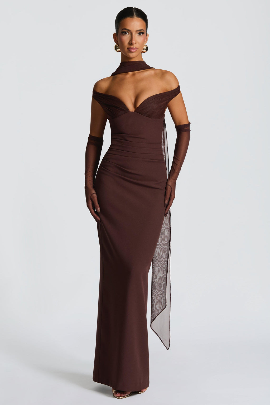 Brown Off-Shoulder Maxi Dress