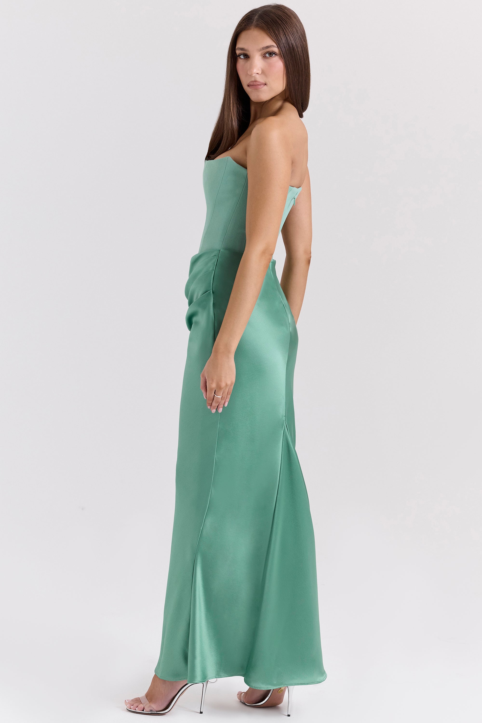 Satin Off-Shoulder Green Midi