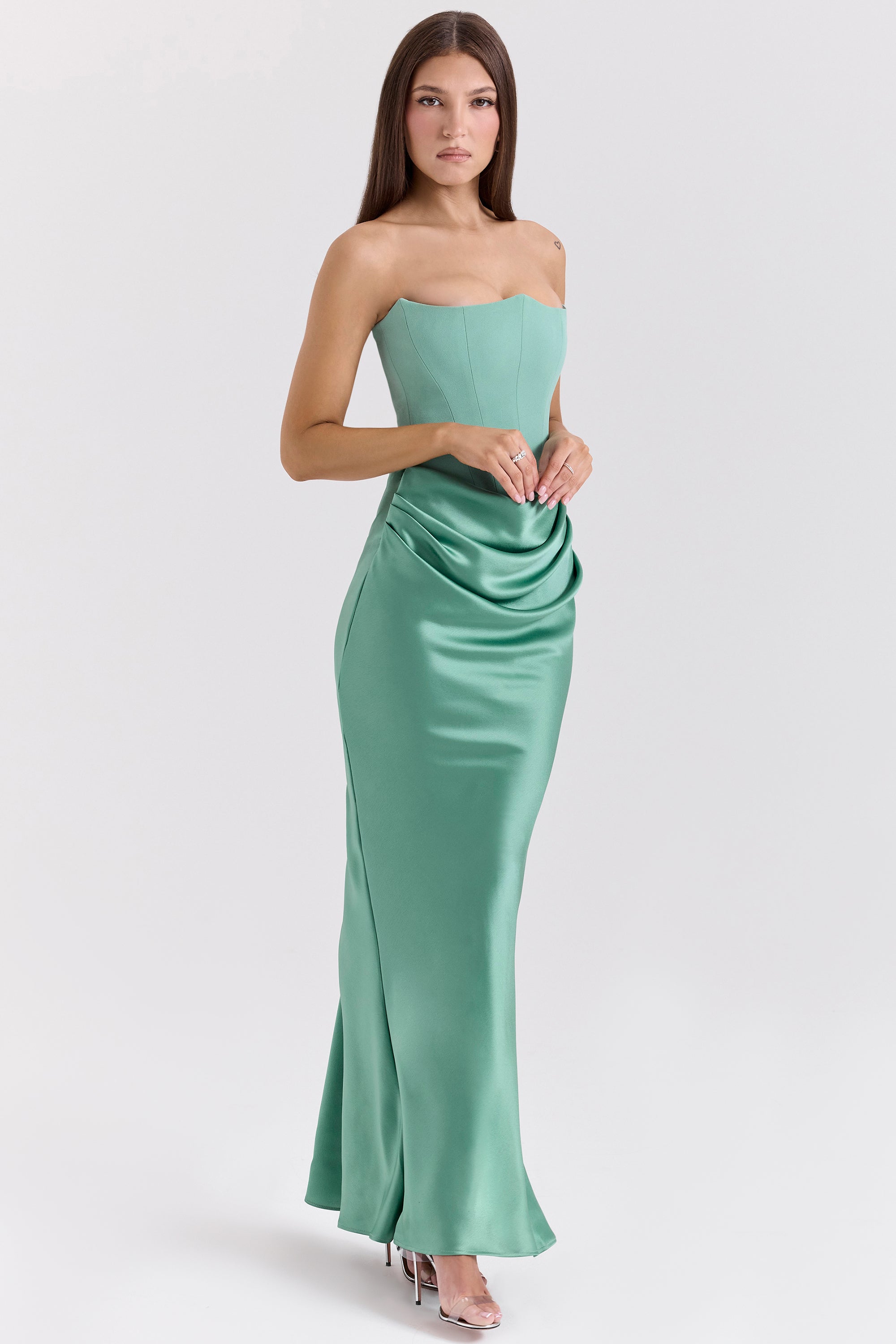 Satin Off-Shoulder Green Midi