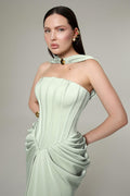 Green Satin Caped Sleeveless Maxi Dress