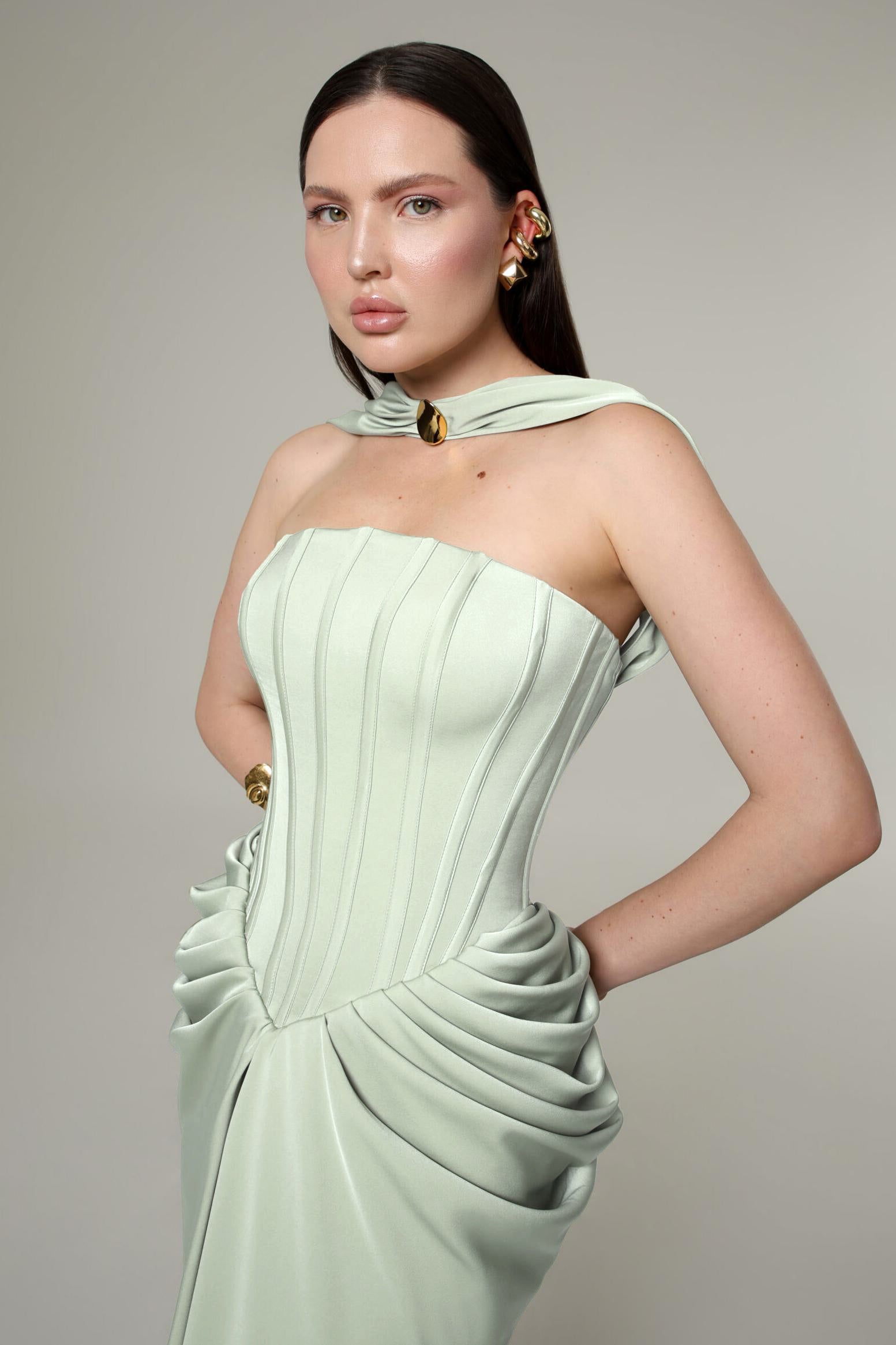 Green Satin Caped Sleeveless Maxi Dress