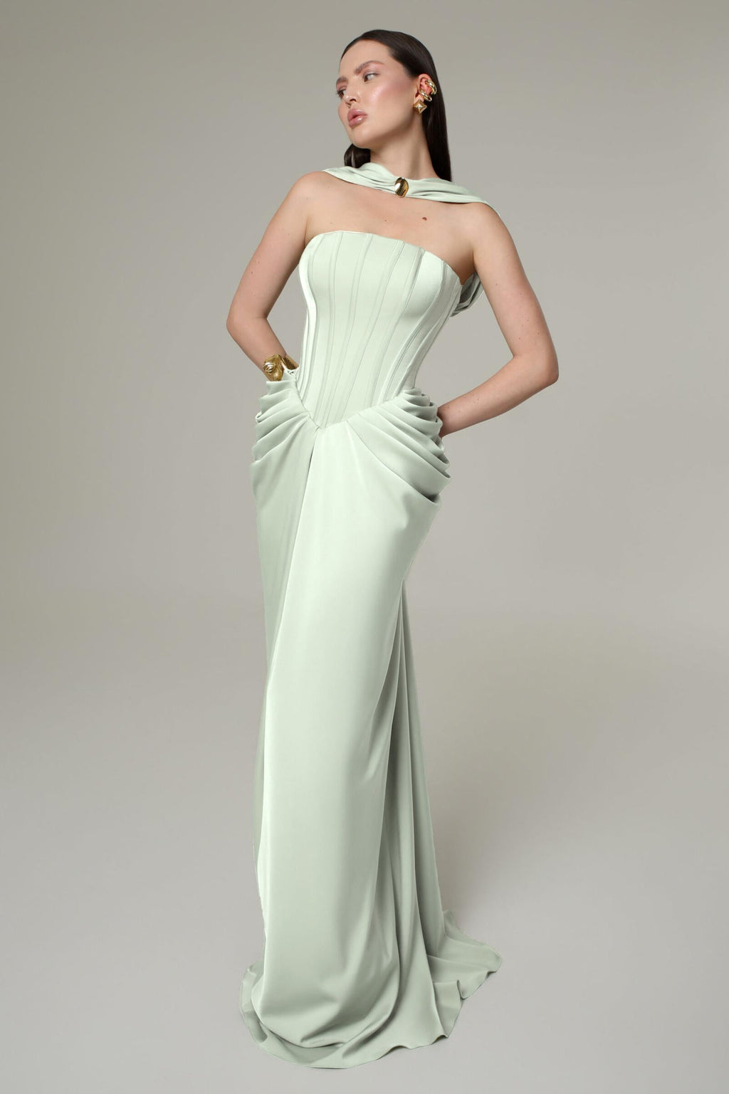 Green Satin Caped Sleeveless Maxi Dress