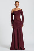 Maroon Long Sleeve Solid Maxi Dress