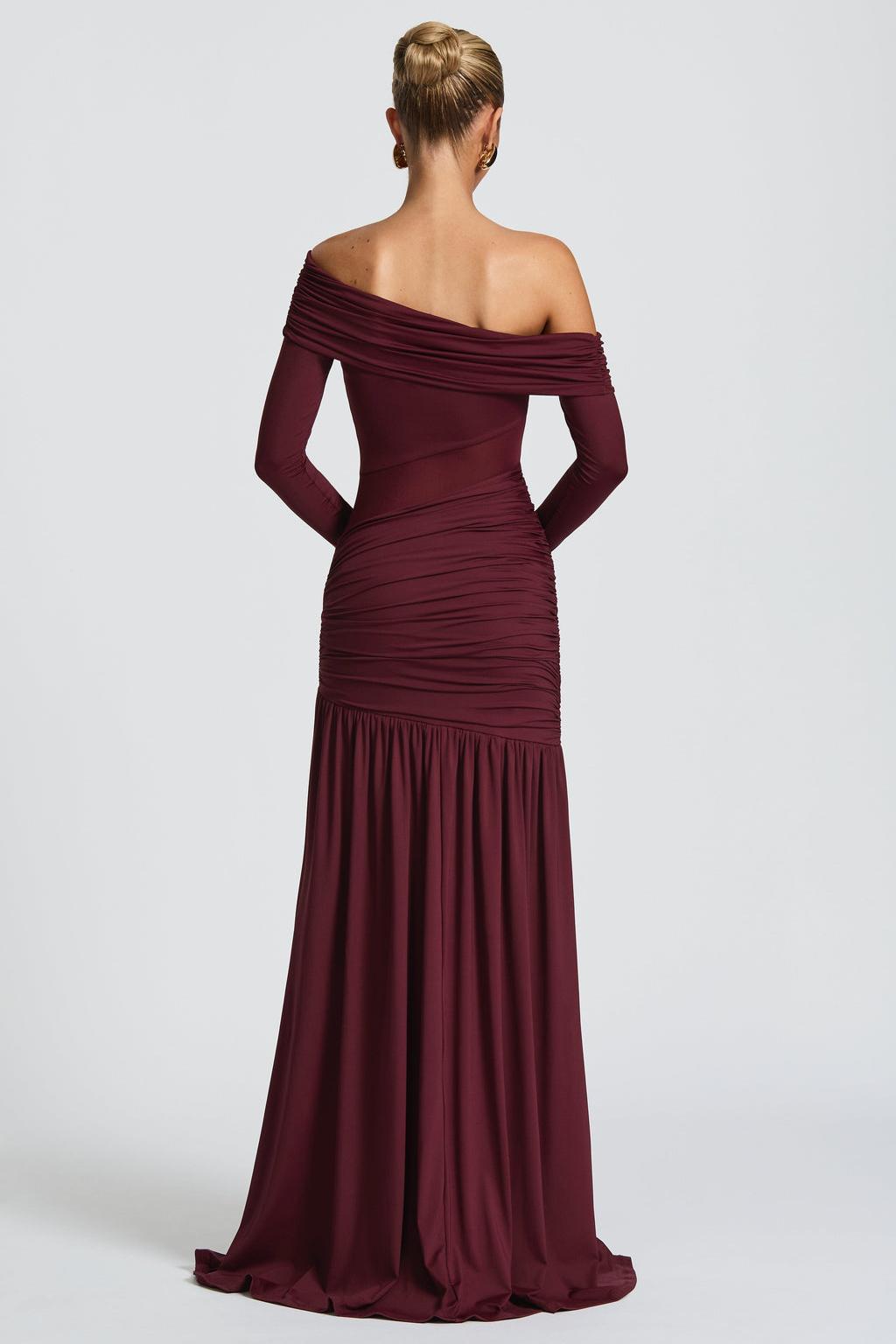 Maroon Long Sleeve Solid Maxi Dress