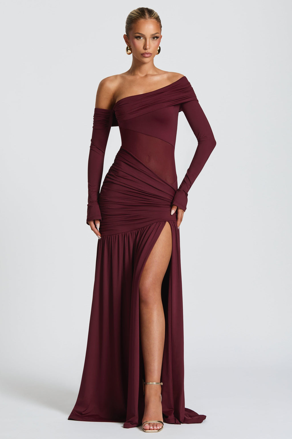 Maroon Long Sleeve Solid Maxi Dress