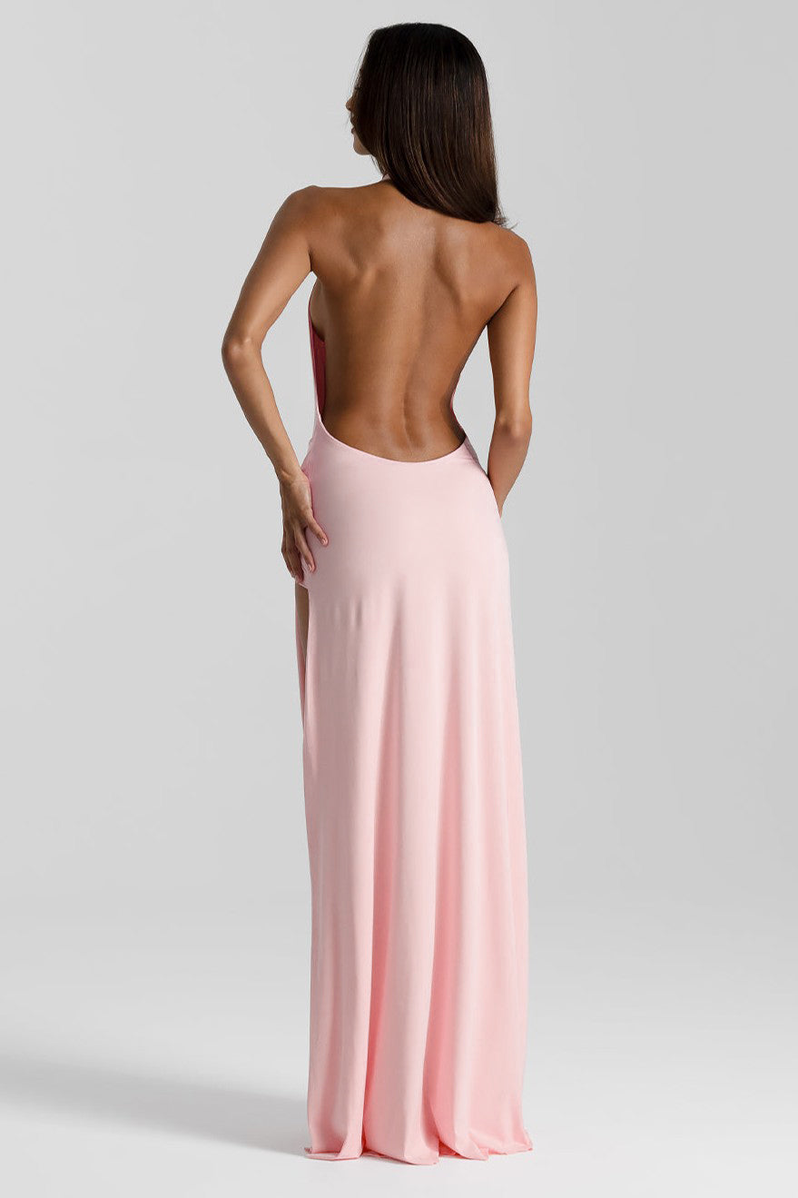 Pink V-Neck Slit Maxi Dress