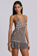 Grey Chiffon Lace-Up Button Mini