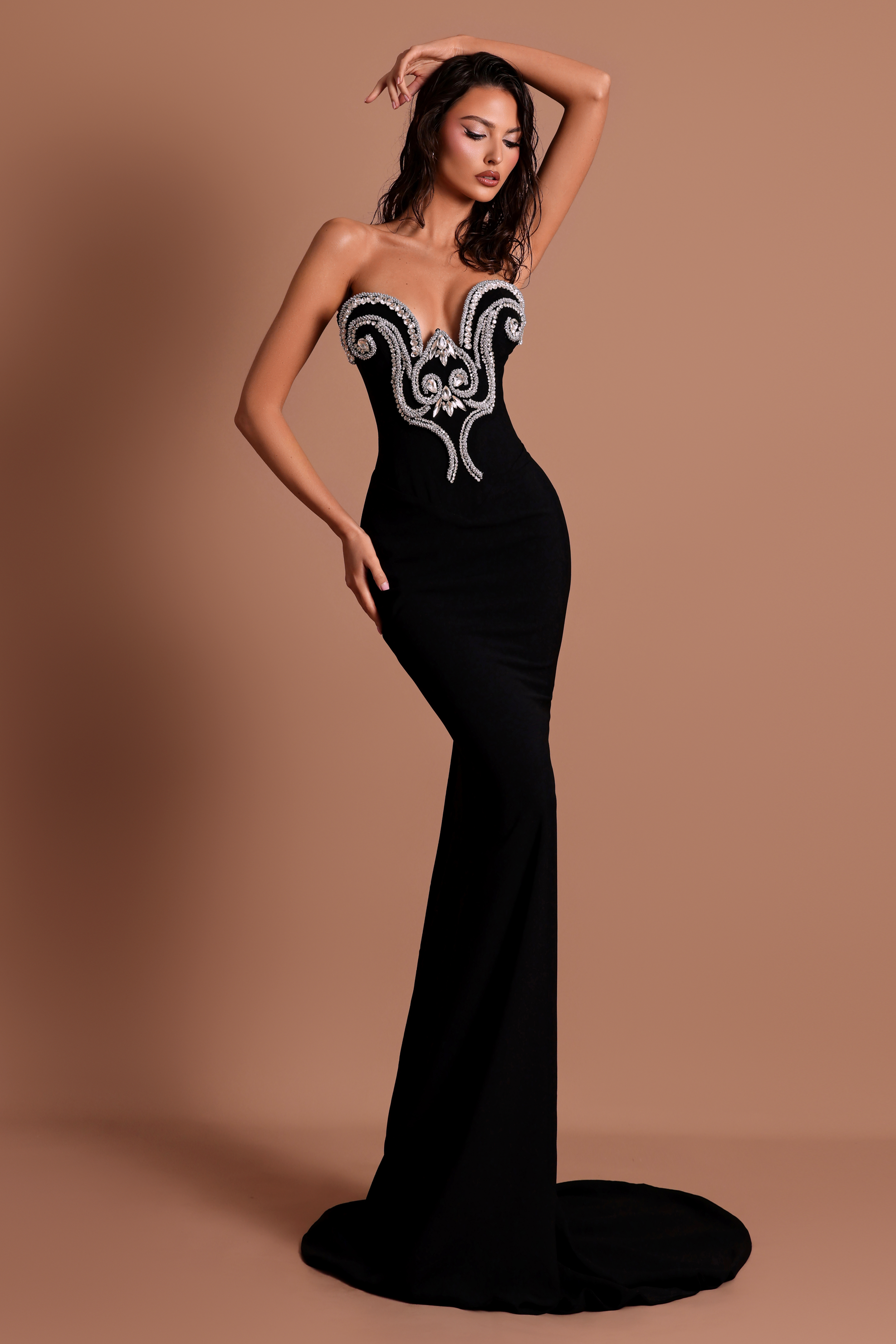 High-Stretch Black Rhinestone Midi