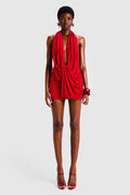 Mid-Stretch Backless Halter Red Mini