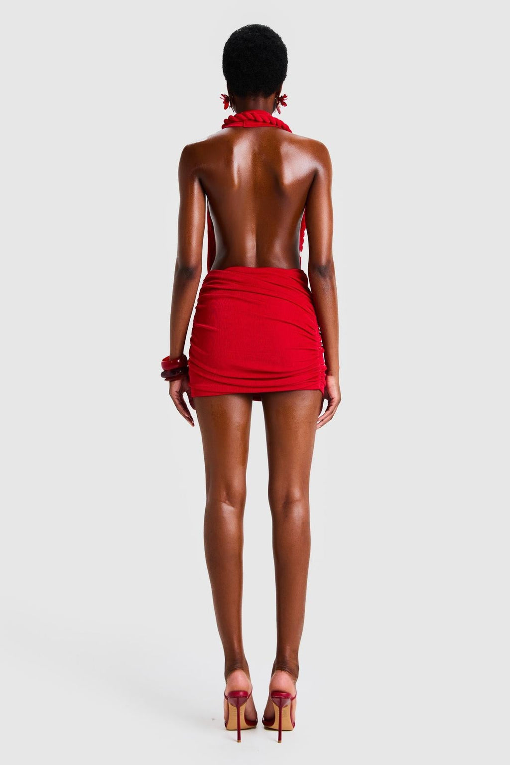 Mid-Stretch Backless Halter Red Mini