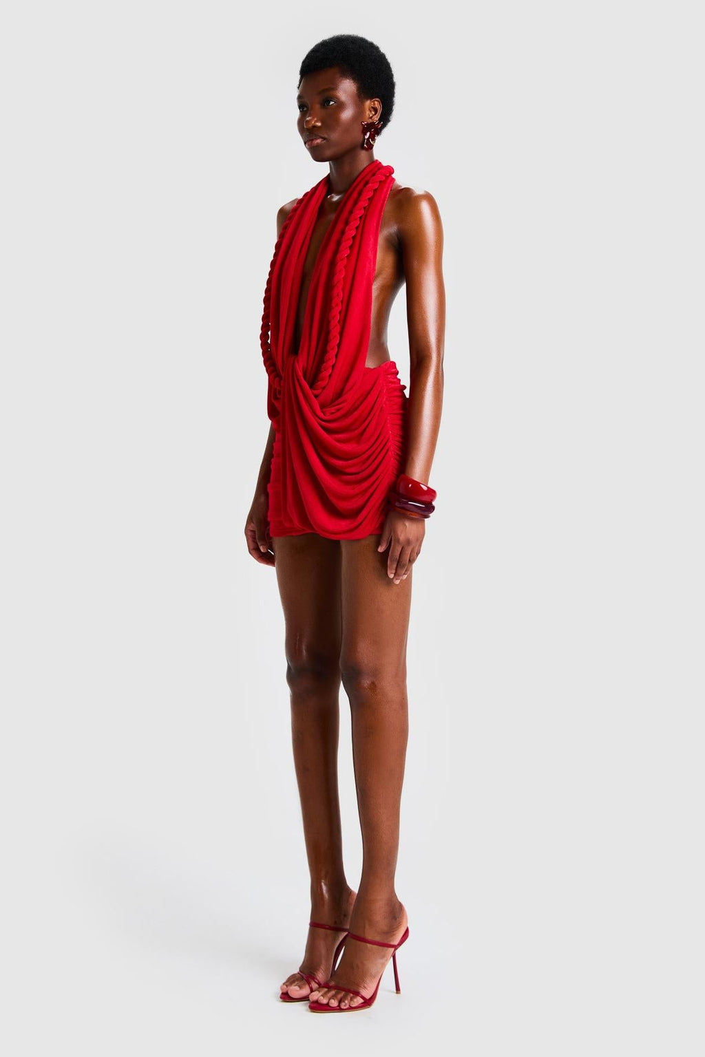 Mid-Stretch Backless Halter Red Mini