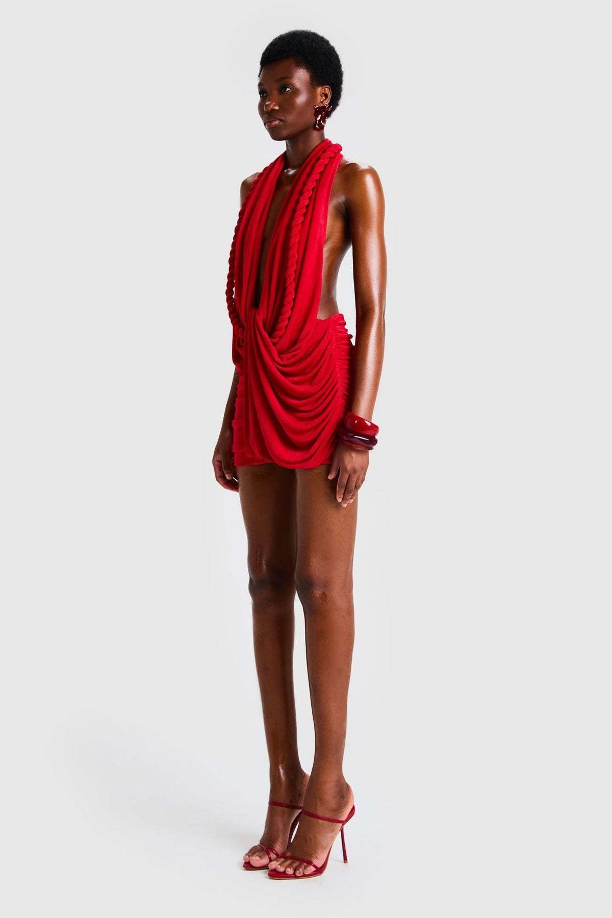 Mid-Stretch Backless Halter Red Mini