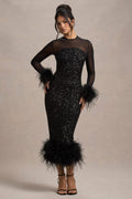 Sequin Splice Long Sleeve Black Midi