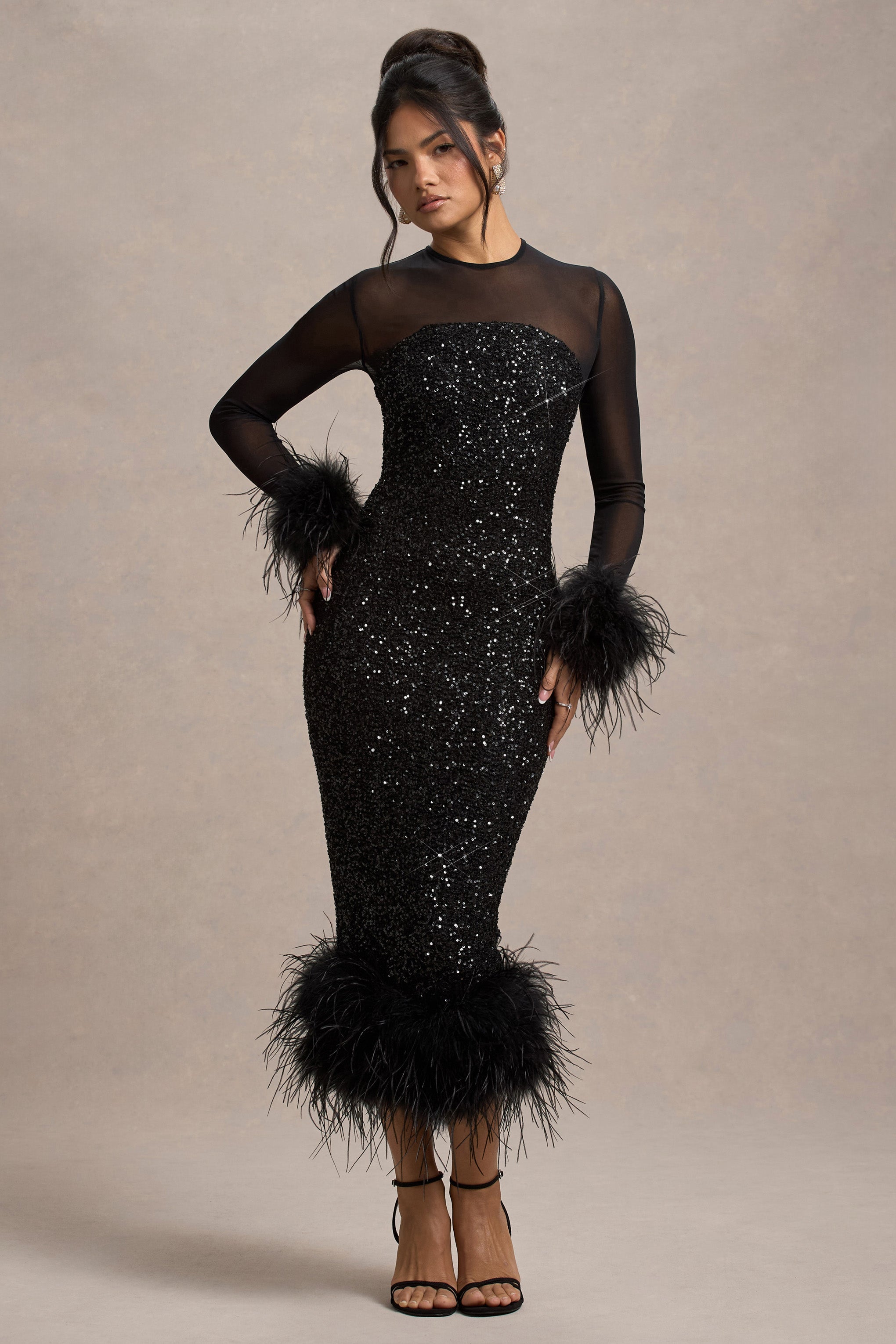 Sequin Splice Long Sleeve Black Midi