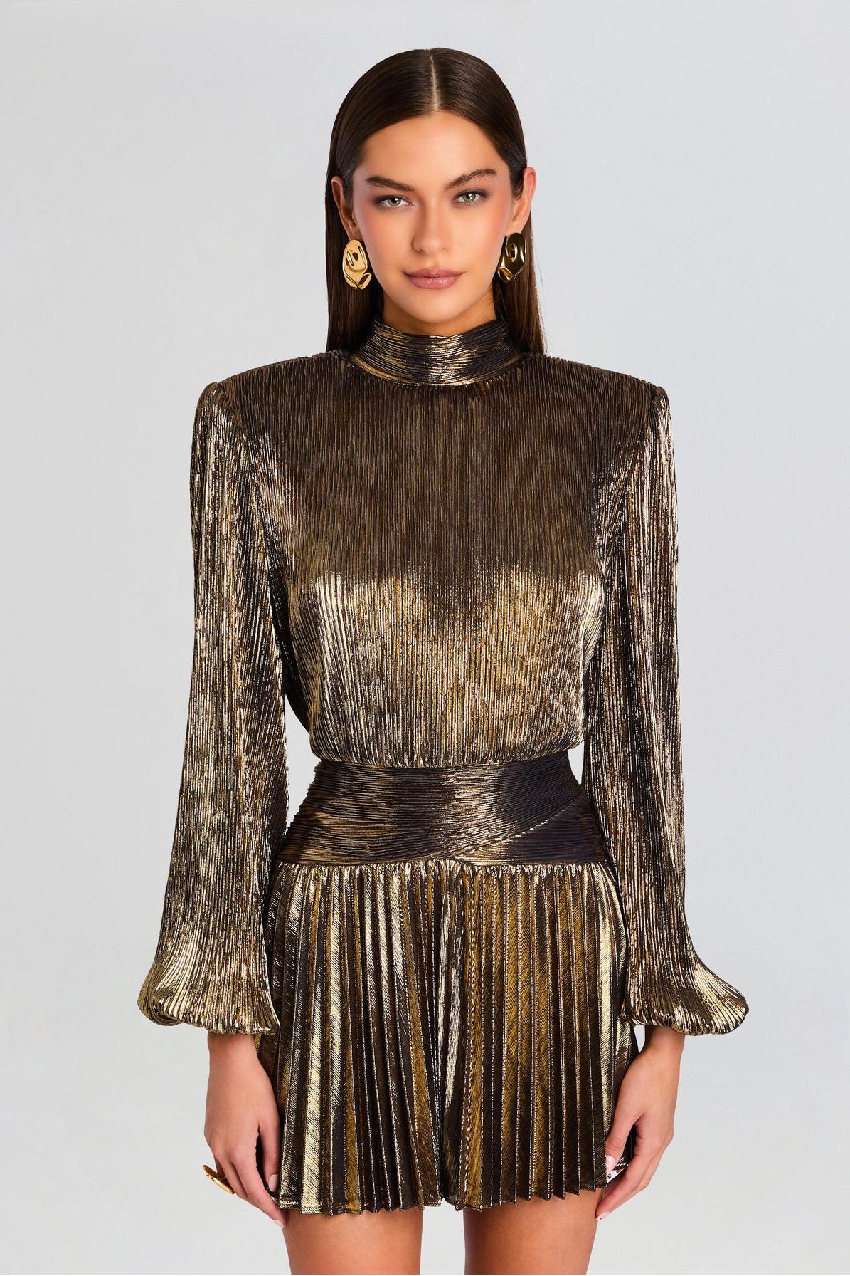 Long Sleeve Gold Metallic Mini