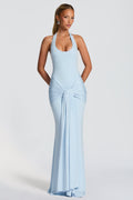 High-Stretch Blue Jersey Halter Maxi