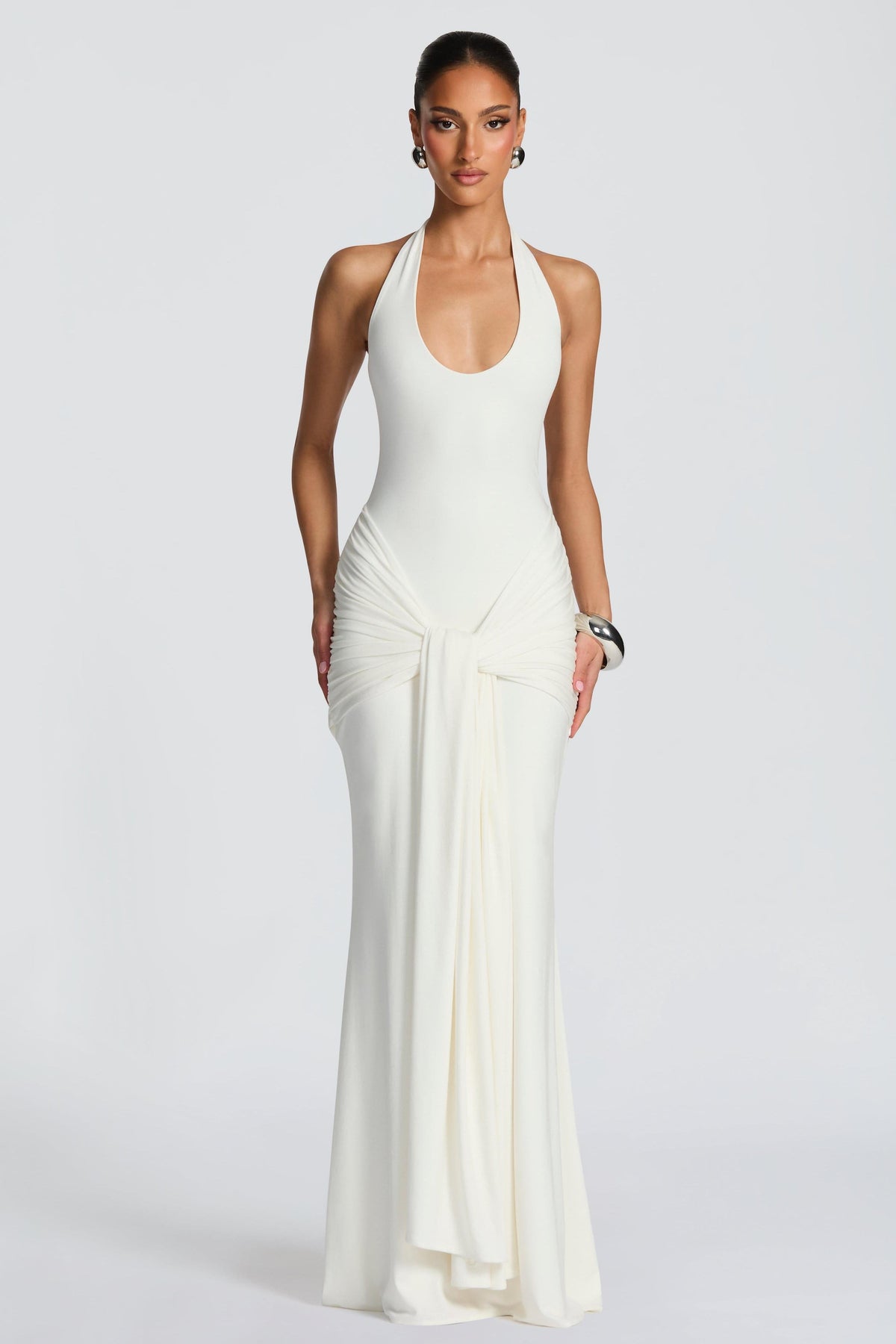 Supple White Jersey Halter Gown