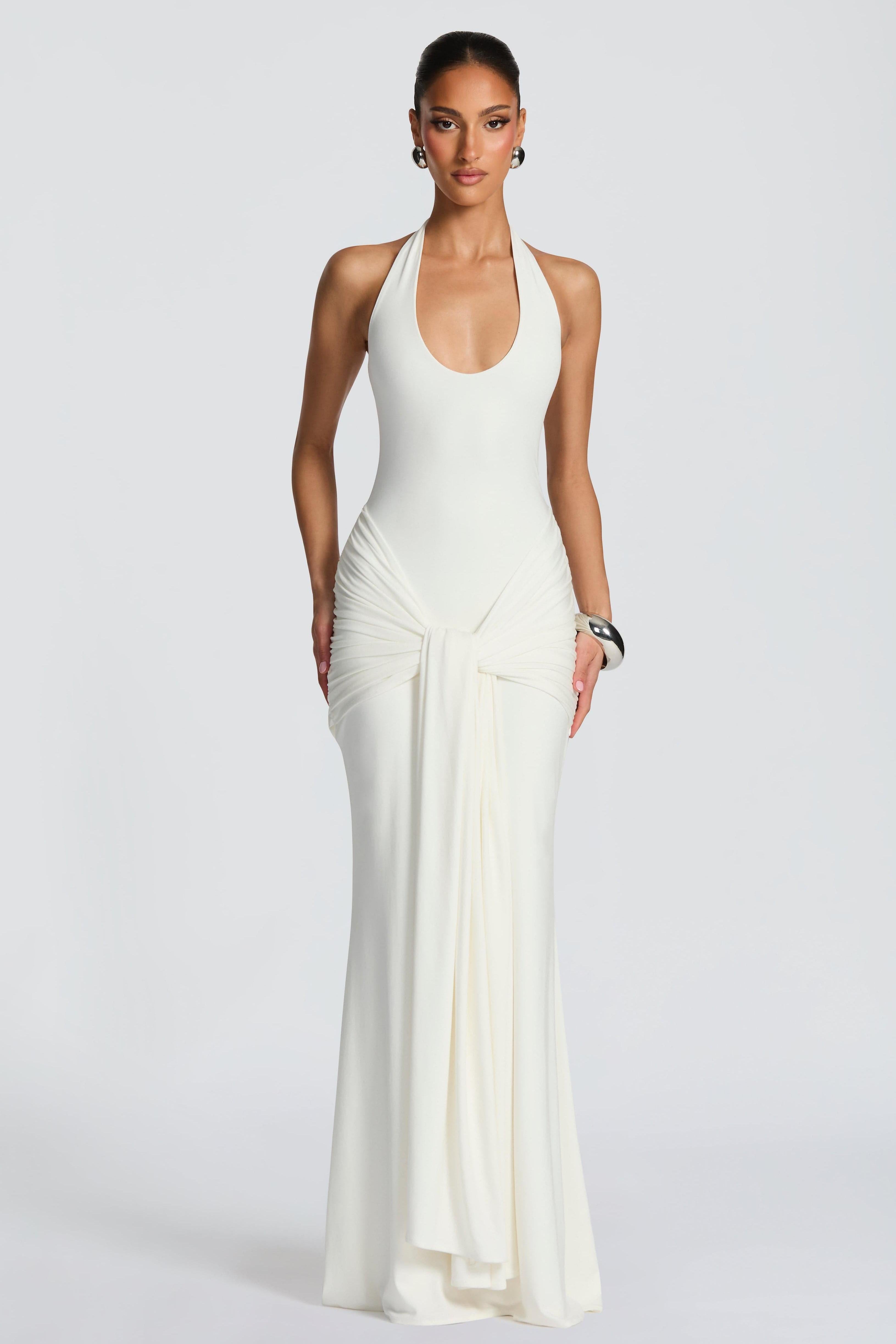 High-Stretch Blue Jersey Halter Maxi
