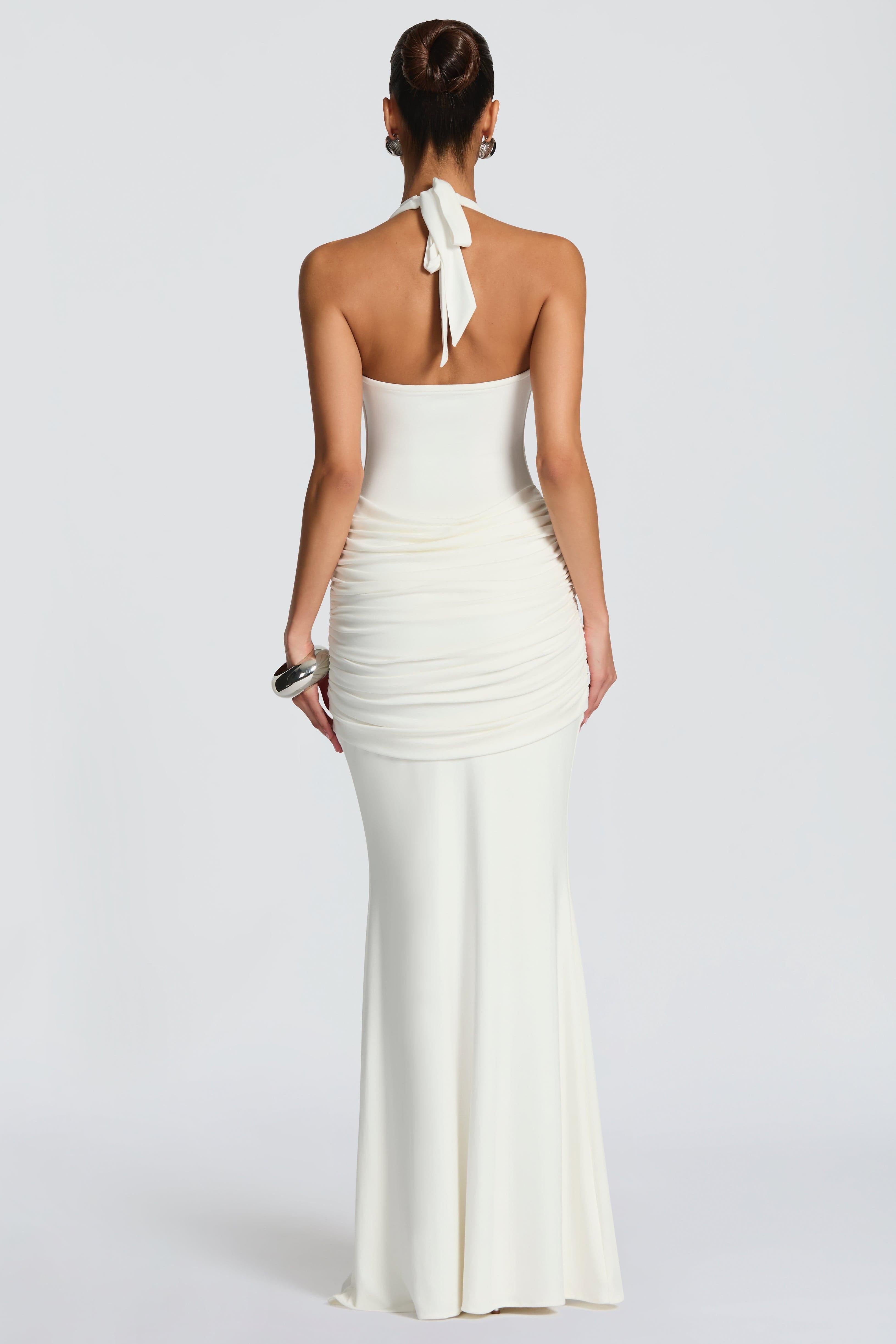 High-Stretch Blue Jersey Halter Maxi