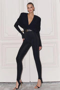Black High-Stretch V-Neck High Waist Long Sleeve Jumpsuit