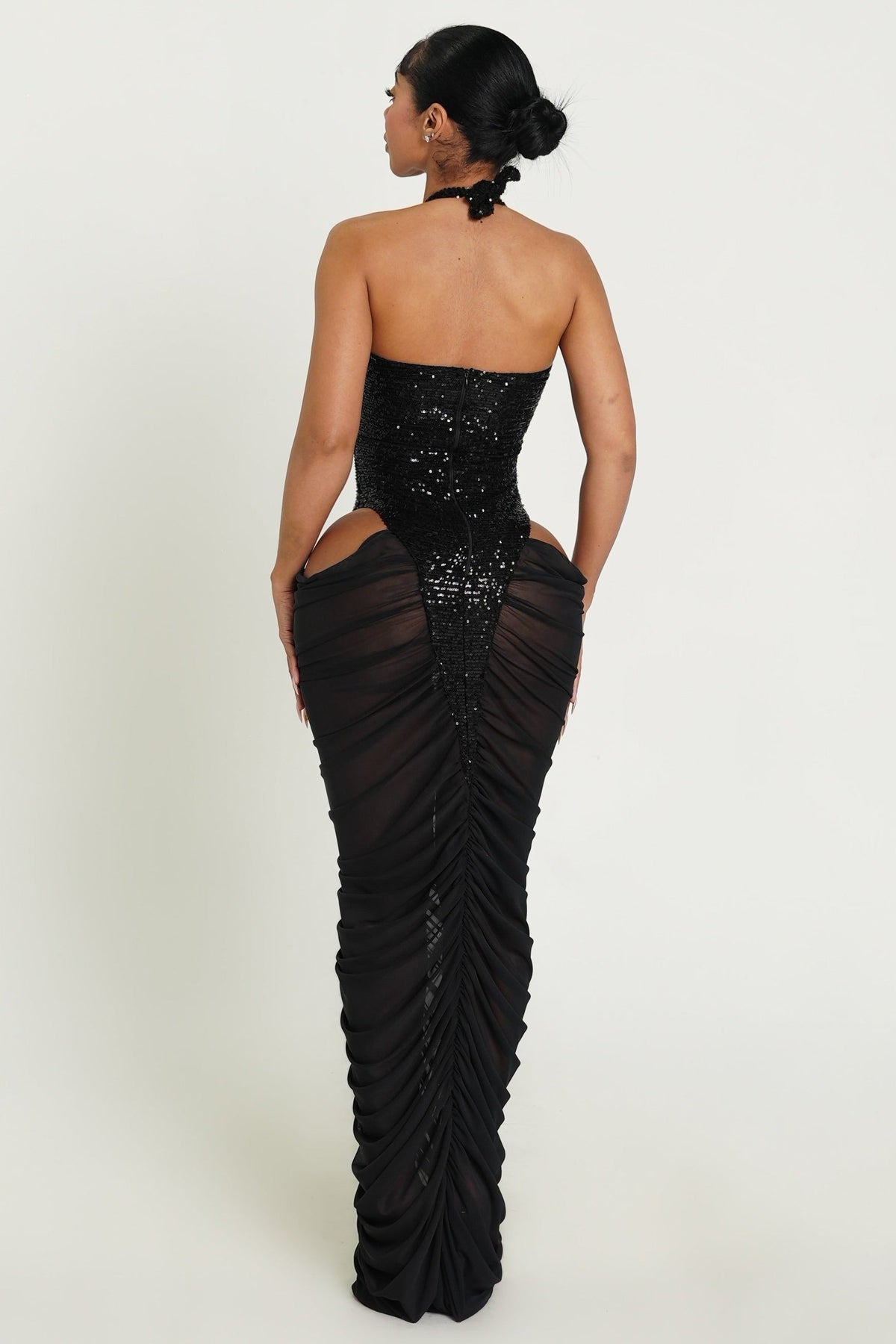 Black Sequin Cutout Mesh Maxi Dress