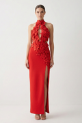 Red Halter 3D Flower Maxi Dress
