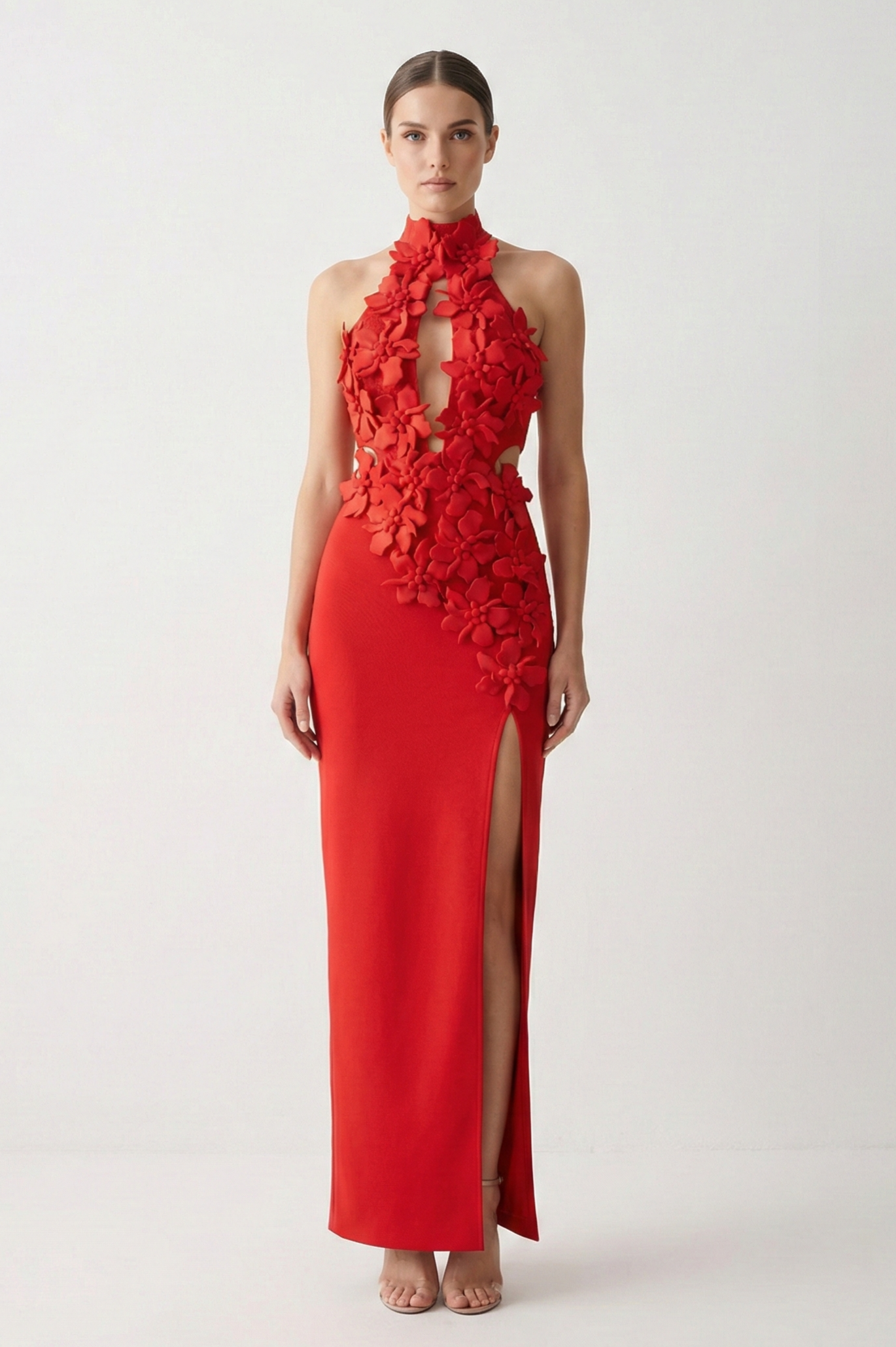 Red Halter 3D Flower Maxi Dress