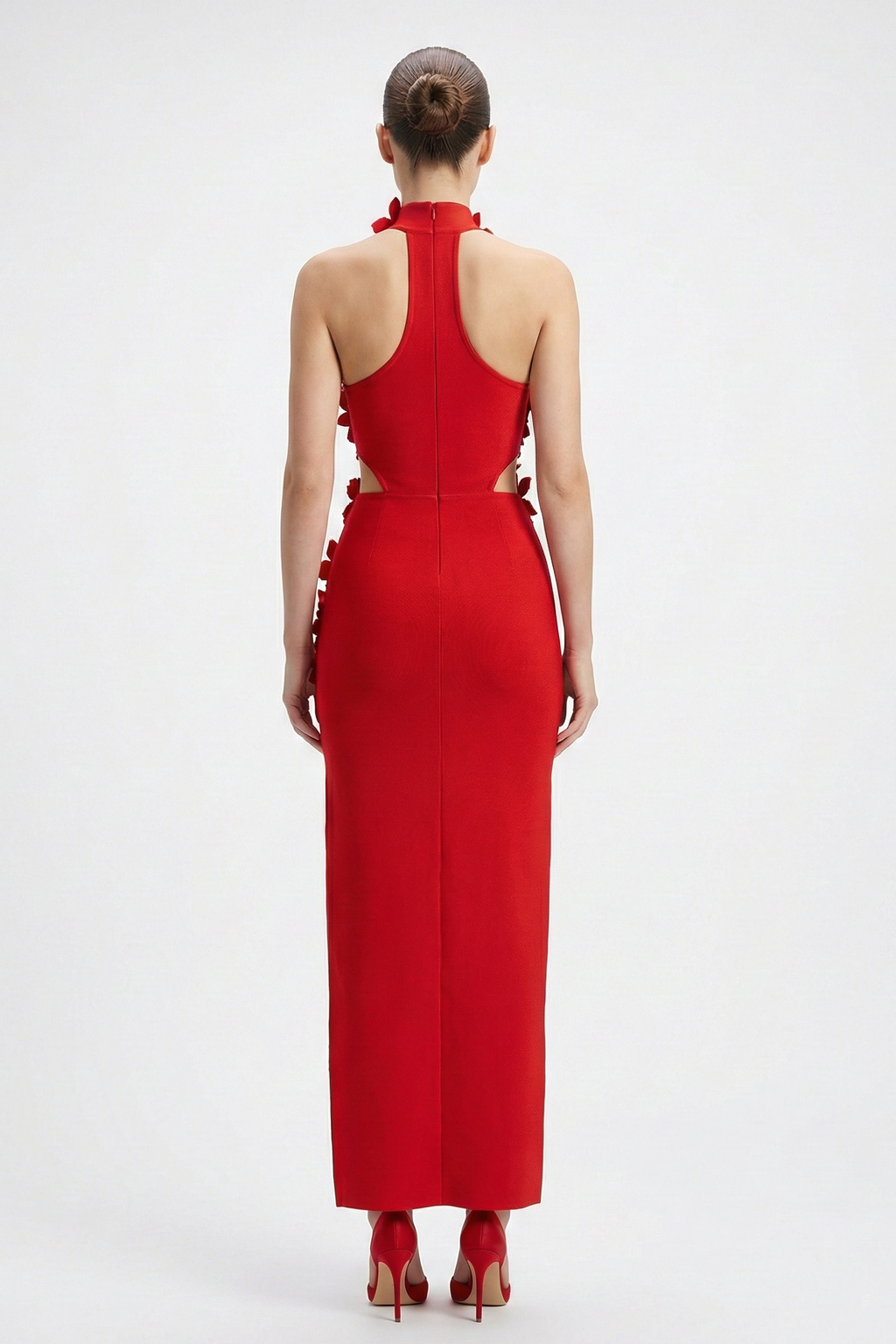 Red Halter 3D Flower Maxi Dress