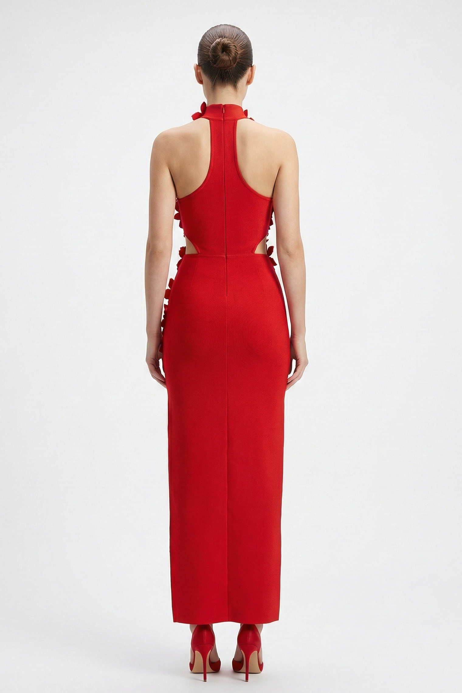 Red Halter 3D Flower Maxi Dress